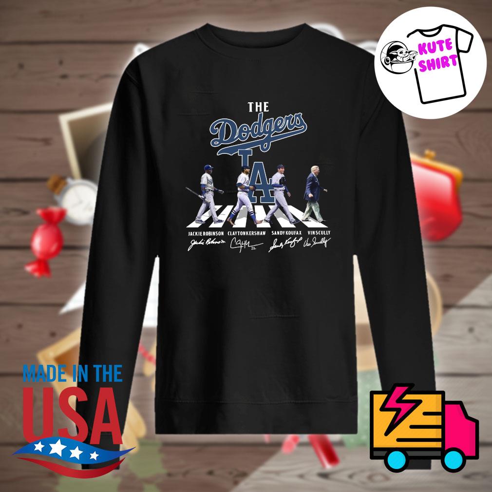 The Dodgers Sandy Koufax Clayton Kershaw Jackie Robinson Vin Scully  signatures road shirt, hoodie, sweater, long sleeve and tank top